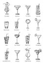 Classic cocktails set. Sixteen drinks collection. Vector sketch outline hand drawn illustration Royalty Free Stock Photo